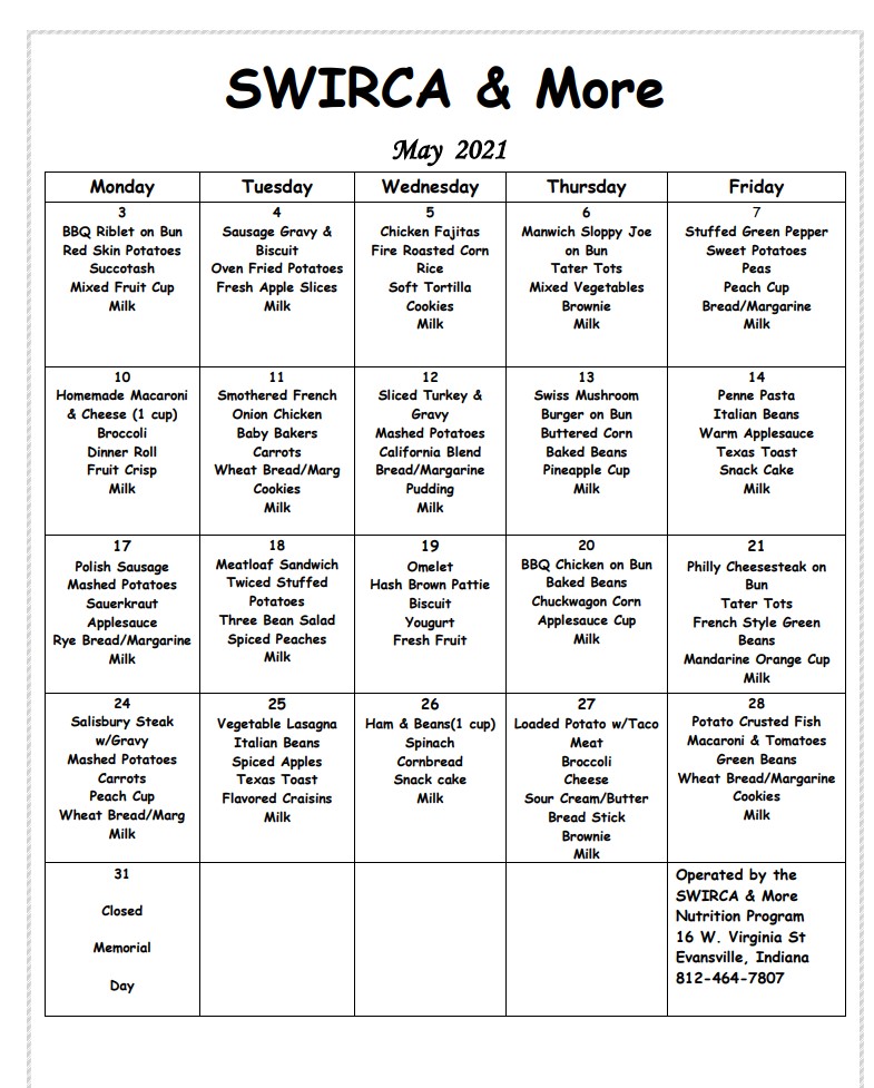 Meal Sites Menu Evansville, IN SWIRCA & More