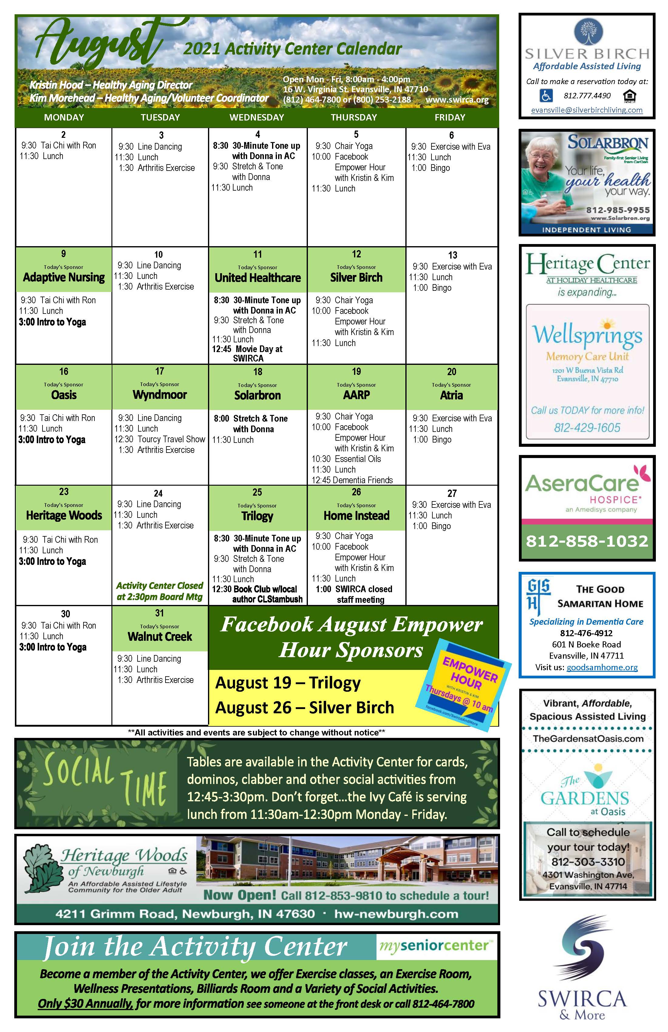 Activity Center Calendar Evansville, IN SWIRCA & More