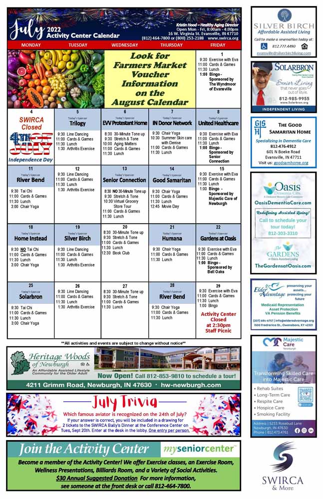 Activity Center Calendar Evansville, IN SWIRCA & More